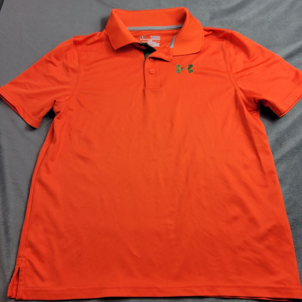 Under Armour Shirt Boys Large Activewear Orange Collar Fitted Logo Heat Gear YLG